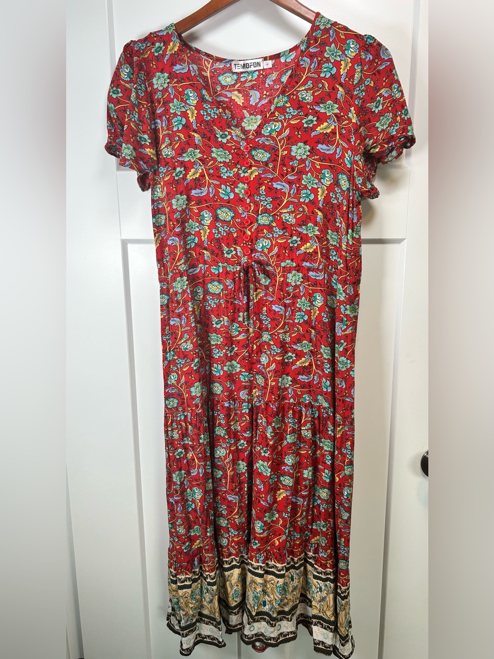 TEMOFON Boho Red Floral Maxi Dress L Button Front Tiered Summer Beach Vacation